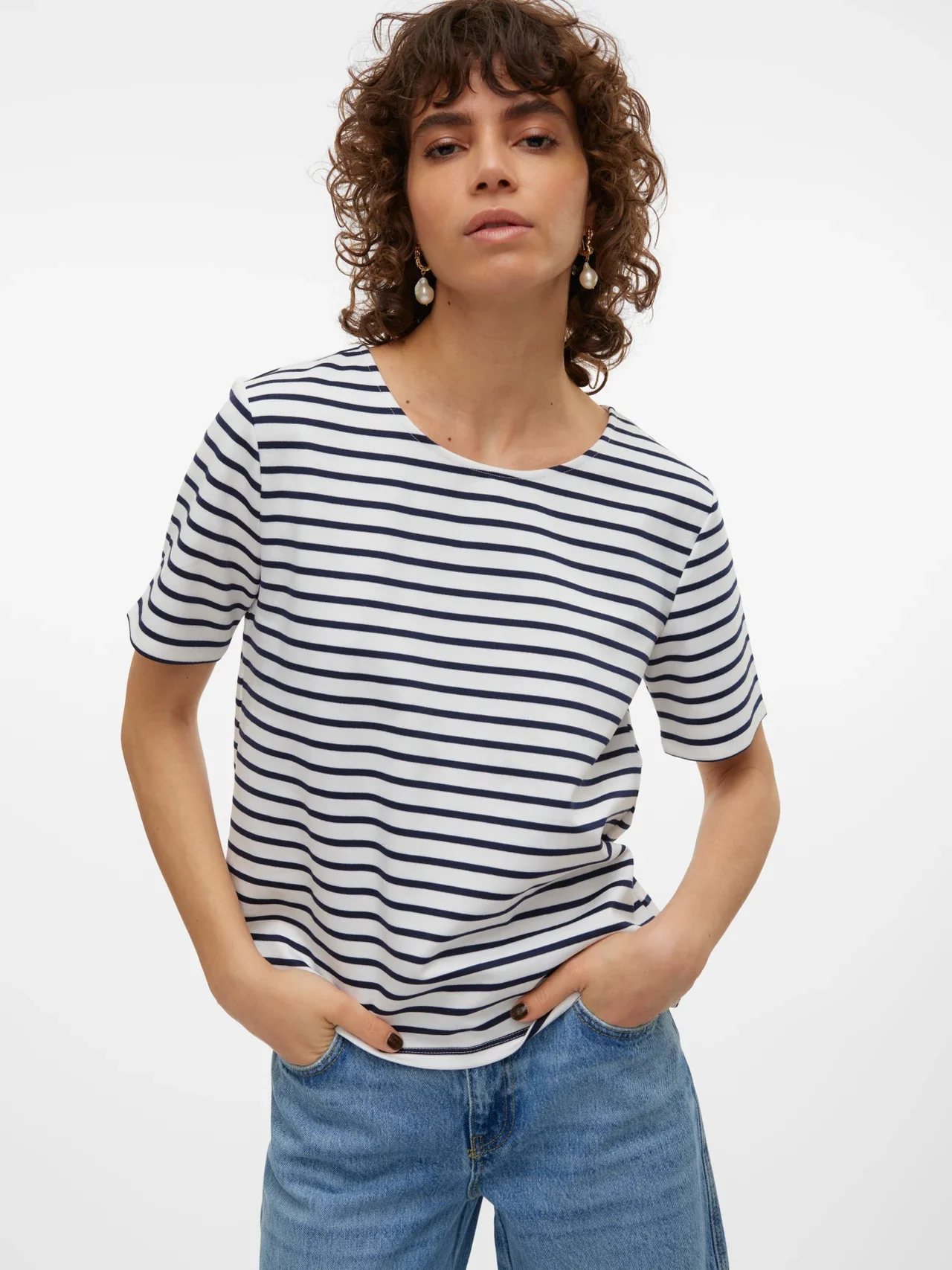 Vero Moda Curve LM T-Shirt 10343822 175598001-Snow White/NAVY BLAZER - Image 2